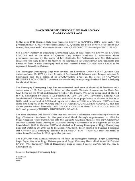 Background History of Barangay Damayang Lagi .